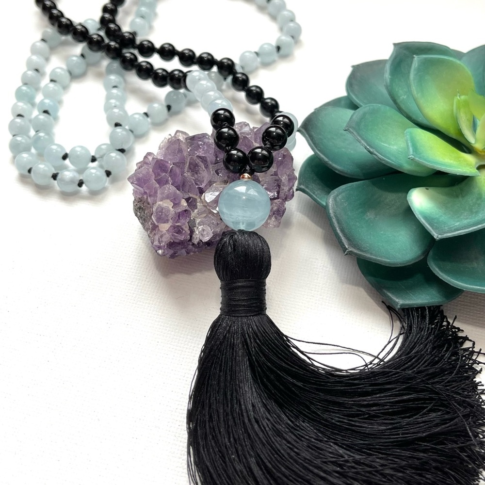 Women’s Tassel Mala Beads 108 Genuine Aquamarine & Black Onyx  Necklace